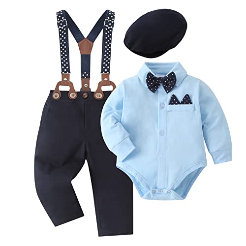 Baby Boy Clothes Set Infant Tuxedo Long Sleeve Gentleman Suit Outfits + Beret Hat + Suspender Pants + Bowtie 0-18M by 