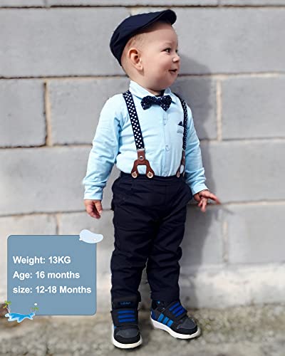 Baby Boy Clothes Set Infant Tuxedo Long Sleeve Gentleman Suit Outfits + Beret Hat + Suspender Pants + Bowtie 0-18M by 