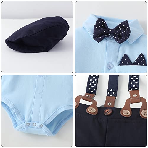 Baby Boy Clothes Set Infant Tuxedo Long Sleeve Gentleman Suit Outfits + Beret Hat + Suspender Pants + Bowtie 0-18M by 
