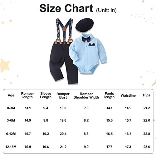 Baby Boy Clothes Set Infant Tuxedo Long Sleeve Gentleman Suit Outfits + Beret Hat + Suspender Pants + Bowtie 0-18M by 