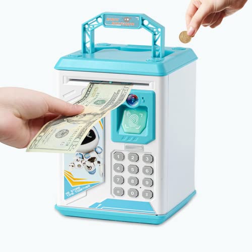 ACOCOKI Kids Electronic Piggy Bank, Mini ATM Piggy Bank for Real Money, Piggy Bank for Boys Girls Toy, Auto Scroll Paper Money Saving Box with Face & Fingerprint Recognition, Password, Lock(Blue) from ACOCOKI