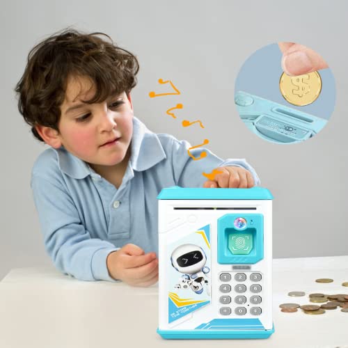 ACOCOKI Kids Electronic Piggy Bank, Mini ATM Piggy Bank for Real Money, Piggy Bank for Boys Girls Toy, Auto Scroll Paper Money Saving Box with Face & Fingerprint Recognition, Password, Lock(Blue) from ACOCOKI