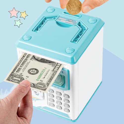 ACOCOKI Kids Electronic Piggy Bank, Mini ATM Piggy Bank for Real Money, Piggy Bank for Boys Girls Toy, Auto Scroll Paper Money Saving Box with Face & Fingerprint Recognition, Password, Lock(Blue) from ACOCOKI