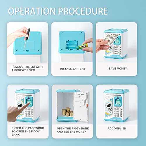 ACOCOKI Kids Electronic Piggy Bank, Mini ATM Piggy Bank for Real Money, Piggy Bank for Boys Girls Toy, Auto Scroll Paper Money Saving Box with Face & Fingerprint Recognition, Password, Lock(Blue) from ACOCOKI