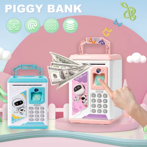 ACOCOKI Kids Electronic Piggy Bank, Mini ATM Piggy Bank for Real Money, Piggy Bank for Boys Girls Toy, Auto Scroll Paper Money Saving Box with Face & Fingerprint Recognition, Password, Lock(Blue) from ACOCOKI
