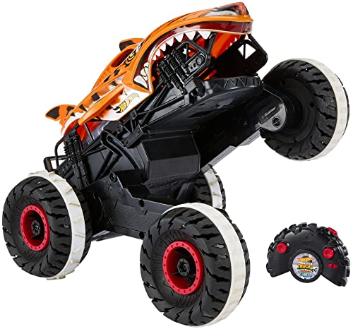 Hot Wheels Monster Trucks, Remote Control Car, Monster Truck Toy with All-Terrain Wheels, 1:15 Scale Unstoppable Tiger Shark RC from Mattel