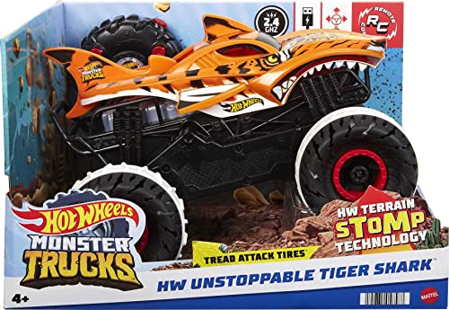 Hot Wheels Monster Trucks, Remote Control Car, Monster Truck Toy with All-Terrain Wheels, 1:15 Scale Unstoppable Tiger Shark RC from Mattel