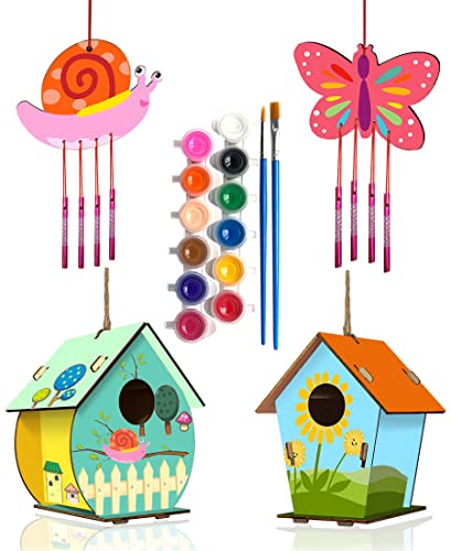 HOME COMPOSER 4 Pack DIY Bird House Wind Chime Kits for Children to Build and Paint, Wooden Arts and Crafts for Kids Girls Boys Toddlers Ages 8-12 4-6 6-8, Paint Kit Includes Paints & Brushes by HOME COMPOSER