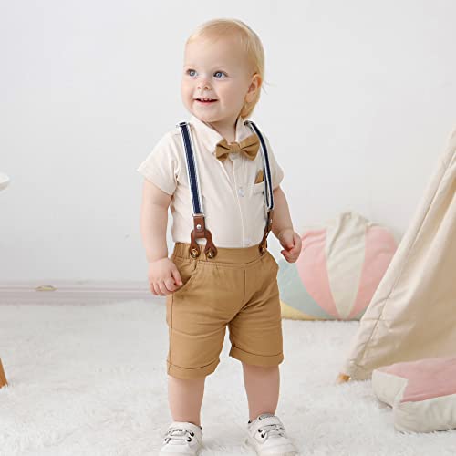 Infant Baby Boy Clothes Gentleman Outfits Suits Summer Short Sleeve Bowtie Bodysuit Shirts + Suspender Shorts (Beige,6-9M) by 