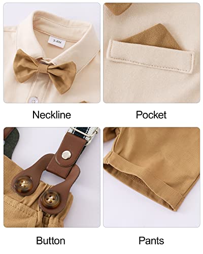 Infant Baby Boy Clothes Gentleman Outfits Suits Summer Short Sleeve Bowtie Bodysuit Shirts + Suspender Shorts (Beige,6-9M) by 