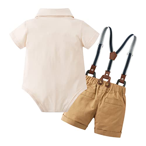 Infant Baby Boy Clothes Gentleman Outfits Suits Summer Short Sleeve Bowtie Bodysuit Shirts + Suspender Shorts (Beige,6-9M) by 