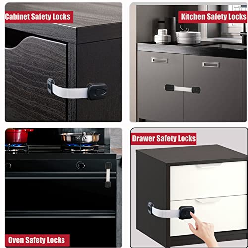 Baby Proofing Drawer Lock 4 Pack Child Safety Latches with Strong Adhesive, No Drilling Childproofing Safety Strap Locks for Cabinets, Oven, Refrigerator, Drawers, Dishwasher, Toilet Seat Black White by NVHSAL