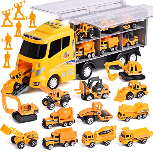 LOYEH 18 in 1 Die-cast Construction Truck Kids Play Vehicles Toy Set, Construction Toy Truck with 12 Construction Vehicles and 8 Toy Figures, Lights and Sounds, Kids Boys Girls Birthday Gifts by LOYEAH