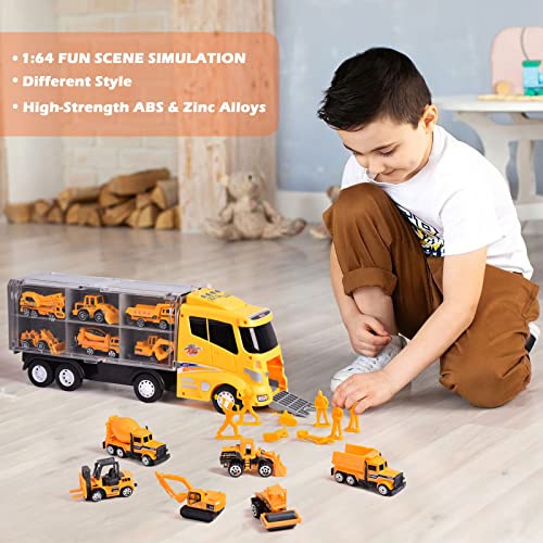 LOYEH 18 in 1 Die-cast Construction Truck Kids Play Vehicles Toy Set, Construction Toy Truck with 12 Construction Vehicles and 8 Toy Figures, Lights and Sounds, Kids Boys Girls Birthday Gifts by LOYEAH
