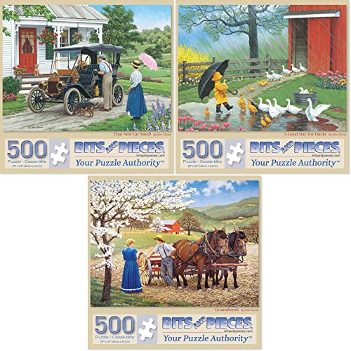 Bits and Pieces - Value Set of (3) 500 Piece Jigsaw Puzzles for Adults - Each Puzzle Measures 18" x 24" - 500 pc That New Car Smell, A Good Day for Ducks, Groundwork Jigsaws by Artist John Sloane by Melville Direct