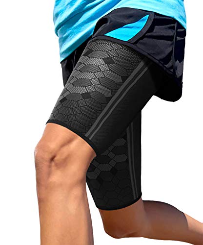 Sparthos Thigh Compression Sleeve (Pair) â Upper Leg Brace for Men and Women Support for Bruised Tender Strained Muscles Pulled Hamstring Quad Brace Pain Relief Sports Injury Recovery (Black-M) from Clevum OU