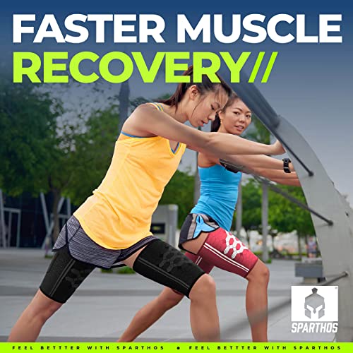 Sparthos Thigh Compression Sleeve (Pair) â Upper Leg Brace for Men and Women Support for Bruised Tender Strained Muscles Pulled Hamstring Quad Brace Pain Relief Sports Injury Recovery (Black-M) from Clevum OU