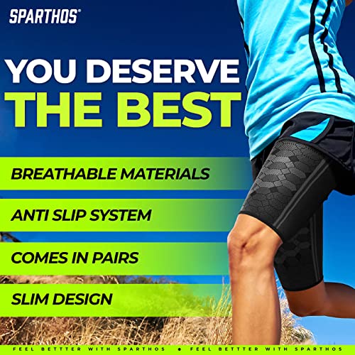 Sparthos Thigh Compression Sleeve (Pair) â Upper Leg Brace for Men and Women Support for Bruised Tender Strained Muscles Pulled Hamstring Quad Brace Pain Relief Sports Injury Recovery (Black-M) from Clevum OU