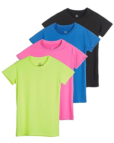4 Pack: Girls Short Sleeve Shirts Tees Active Quick Dry Fit Crew Neck T-Shirt Active Athletic Tops Essentials Soccer Sports Yoga Gym Young Teen Chica's Kids Zebra Summer Clothes - Set 5, XS (7) by Real Essentials