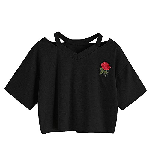 BCDshop Women Teen Girls Embroidery Rose Crop Top Tees Short Sleeve V Neck T-Shirt (M, Black) by BCDshop