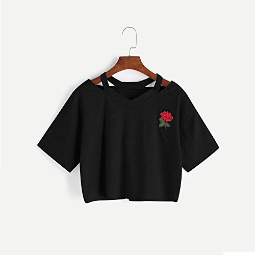 BCDshop Women Teen Girls Embroidery Rose Crop Top Tees Short Sleeve V Neck T-Shirt (M, Black) by BCDshop