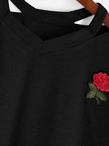 BCDshop Women Teen Girls Embroidery Rose Crop Top Tees Short Sleeve V Neck T-Shirt (M, Black) by BCDshop