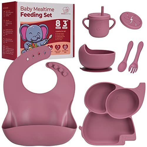 Mummentos Silicone Baby Feeding Set - Baby Led Weaning Supplies, Toddler Utensils, Transition Sippy Cups For Baby, Baberos Para Bebe, Suction Plates For Baby, Silicone Bibs For Babies. (Rose Pink) from Mummentos