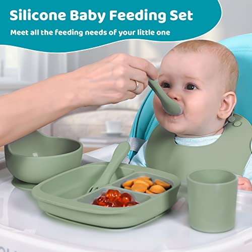 14 Pieces Silicone Baby Feeding Set Tameler Baby Led Weaning Supplies Toddler Eating Essentials Infant Suction Plates and Bowls With Silicone Bibs, Training Cups, Snack Cups, Spoons and Forks from Tameler