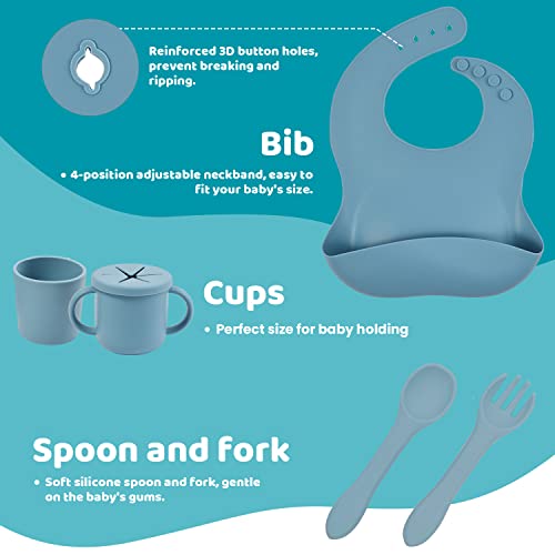 14 Pieces Silicone Baby Feeding Set Tameler Baby Led Weaning Supplies Toddler Eating Essentials Infant Suction Plates and Bowls With Silicone Bibs, Training Cups, Snack Cups, Spoons and Forks from Tameler