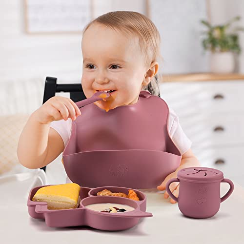 Mummentos Silicone Baby Feeding Set - Baby Led Weaning Supplies, Toddler Utensils, Transition Sippy Cups For Baby, Baberos Para Bebe, Suction Plates For Baby, Silicone Bibs For Babies. (Rose Pink) from Mummentos