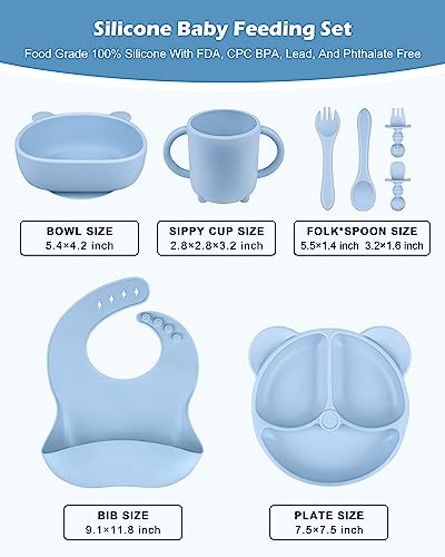 OFUN Silicone Toddler Feeding Set, Baby Led Weaning Supplies, 8 Pack Silicone Divided Suction Plate, Bowl and a Sippy Cup, with 2 Spoon, 2 folk, Eating Utensil, First Stage BLW Utensils 6-12 Months from Shenzhen Bangbang Silicone Technology Co.,Ltd