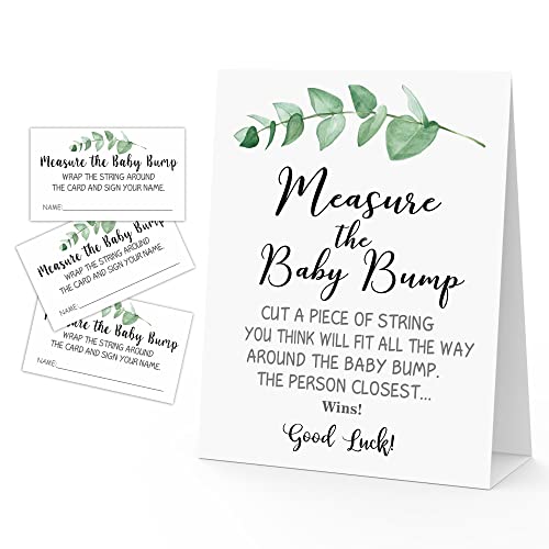 Measure Mommy's Belly Game, Greenery, Eucalyptus Theme 1 Sign & 50 Guess Cards Kit, Measure the Baby Bump How Big is Mommy's Belly Table Sign Baby Shower Party Games - BUMP-a017 by mermermu