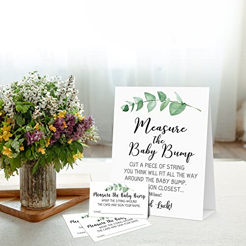 Measure Mommy's Belly Game, Greenery, Eucalyptus Theme 1 Sign & 50 Guess Cards Kit, Measure the Baby Bump How Big is Mommy's Belly Table Sign Baby Shower Party Games - BUMP-a017 by mermermu