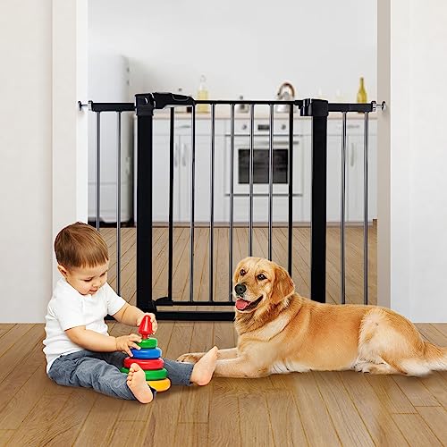BABELIO 26-40 Inch Easy Install Extra Wide Pressure Mounted Metal Baby Gate, No Drilling, No Tools Required, with Wall Protectors and Extenders (Black) by BABELIO