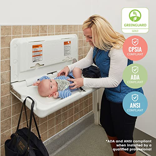 ECR4Kids ELR-18004 Wall-Mounted Baby Changing Station, Horizontal Fold-Down Diaper Change Table with Safety Straps for Commercial Bathrooms, ADA and ANSI Compliant, Free Replacement Straps, White Granite from ECR4Kids