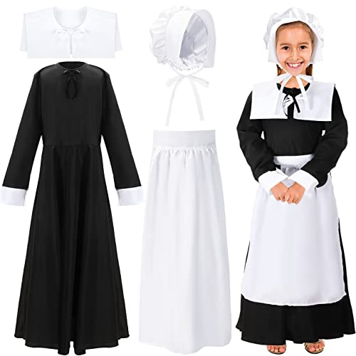 4 Pcs Pilgrim Costume Kit for Girls Colonial Girls Costume Dress Cosplay Costumes Halloween Pilgrim Girls Costume (Medium) from Silkfly