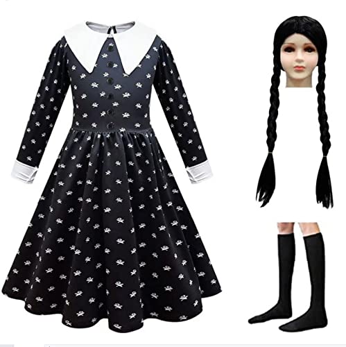 moderist Wednesday Addams Costume for Girls Halloween Costumes Long Sleeve Dress with Wig from 