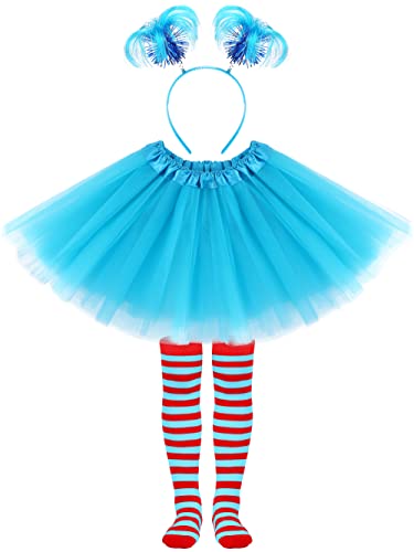 SOMSOC 3 Pieces Tulle Tutu Costume Set Tutus Skirts Feathers Ponytail Headband High Stocking for Girls Cosplay from SOMSOC