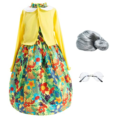 AlecosFun Old Lady Costume for Girls, 100th Day of School Granny Outfit, Dress Up Wig Glasses 4-Piece Set for Kids 4-6 Years by 