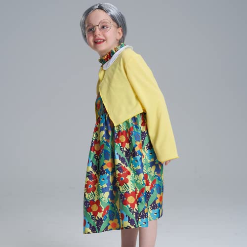 AlecosFun Old Lady Costume for Girls, 100th Day of School Granny Outfit, Dress Up Wig Glasses 4-Piece Set for Kids 4-6 Years by 