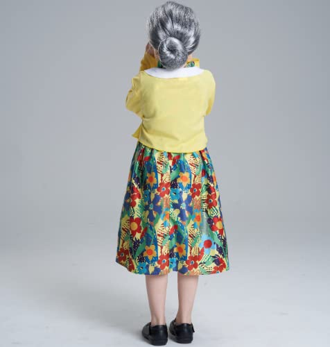 AlecosFun Old Lady Costume for Girls, 100th Day of School Granny Outfit, Dress Up Wig Glasses 4-Piece Set for Kids 4-6 Years by 