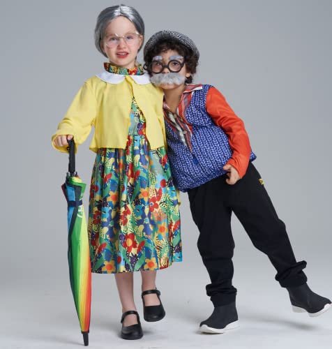 AlecosFun Old Lady Costume for Girls, 100th Day of School Granny Outfit, Dress Up Wig Glasses 4-Piece Set for Kids 4-6 Years by 