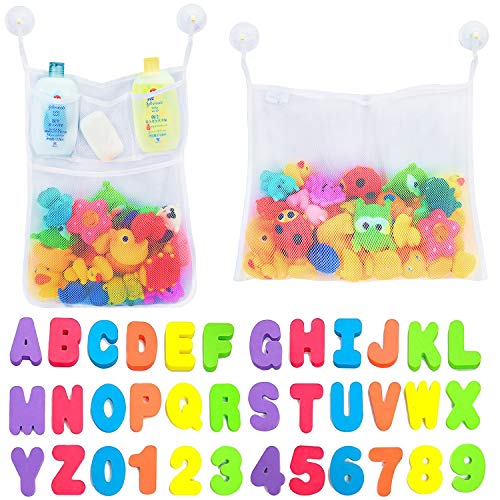 Comfylife 2 x Mesh Bath Toy Organizer + 6 Ultra Strong Hooks + 36 Bath Letters & Numbers â Eco-Safe, Fun, Educational Foam Baby Bath Letters and Perfect Toy Storage Net for Baby Bath Toys & More by Comfylife