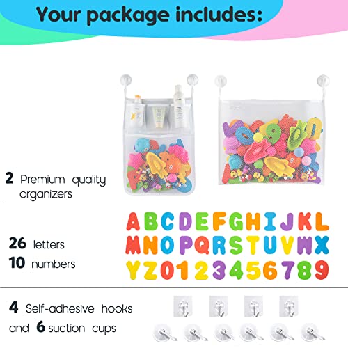 Comfylife 2 x Mesh Bath Toy Organizer + 6 Ultra Strong Hooks + 36 Bath Letters & Numbers â Eco-Safe, Fun, Educational Foam Baby Bath Letters and Perfect Toy Storage Net for Baby Bath Toys & More by Comfylife