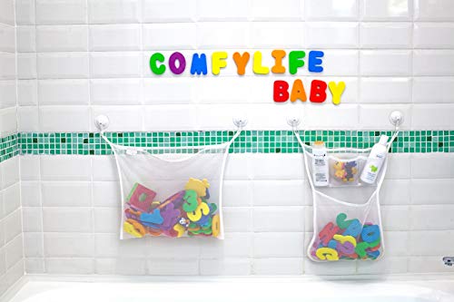 Comfylife 2 x Mesh Bath Toy Organizer + 6 Ultra Strong Hooks + 36 Bath Letters & Numbers â Eco-Safe, Fun, Educational Foam Baby Bath Letters and Perfect Toy Storage Net for Baby Bath Toys & More by Comfylife