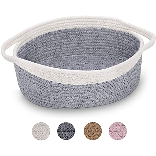 ABenkle Small Woven Baskets, 12"x 8" x 5" Shelf Storage Baskets, Cute Rope Basket Room Storage Chest Box, Dog Toy Cat Basket, Empty Gift Basket with Handles, Basket for Easter Eggs Candy - Grey from ABenkle