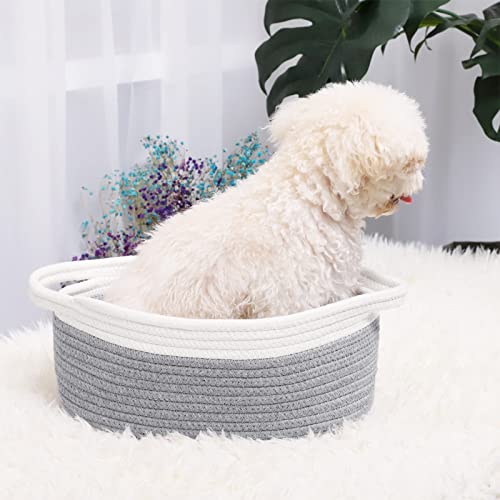 ABenkle Small Woven Baskets, 12"x 8" x 5" Shelf Storage Baskets, Cute Rope Basket Room Storage Chest Box, Dog Toy Cat Basket, Empty Gift Basket with Handles, Basket for Easter Eggs Candy - Grey from ABenkle