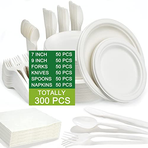 hapray 300PCS Compostable Paper Plates Set, Biodegradable Heavy Duty Plates and Utensils, Eco Friendly Disposable Cutlery, Dinnerware for Party Camping Picnic Made of Plant Fibers from huoying