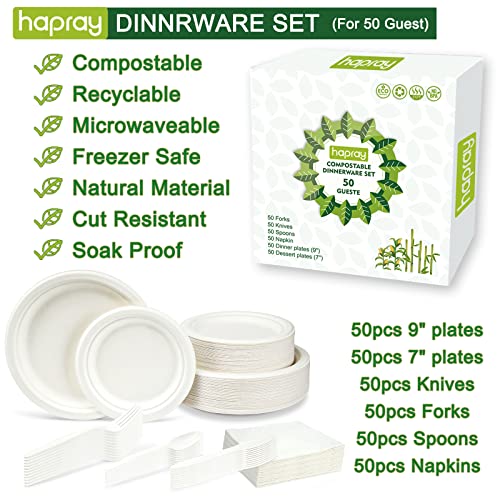 hapray 300PCS Compostable Paper Plates Set, Biodegradable Heavy Duty Plates and Utensils, Eco Friendly Disposable Cutlery, Dinnerware for Party Camping Picnic Made of Plant Fibers from huoying