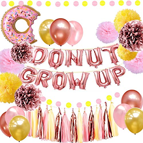 Donut Party Supplies - Donut Grow Up Balloons Banner Rose Gold, 18 Latex Balloons, Pink Rose Gold Yellow Tissue Pom Poms Paper Flowers for Baby Shower Donut Grow Up Birthday Party Decorations from urwonderbox